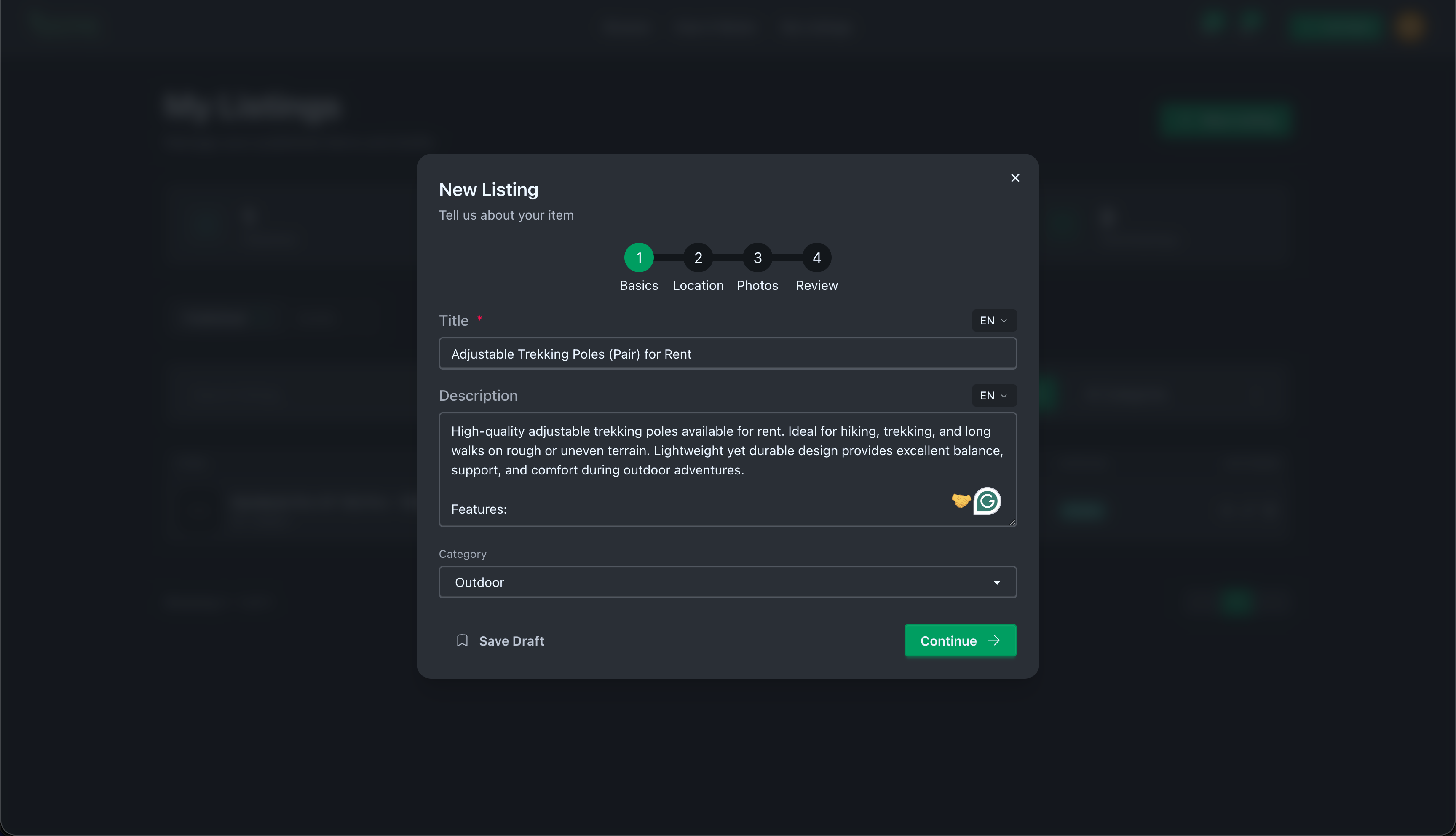 Create Listing Interface